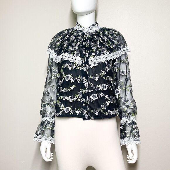Sister Jane Prickle Organza Blouse XS Black Floral Long Sleeve Button Down Top - Picture 2 of 8